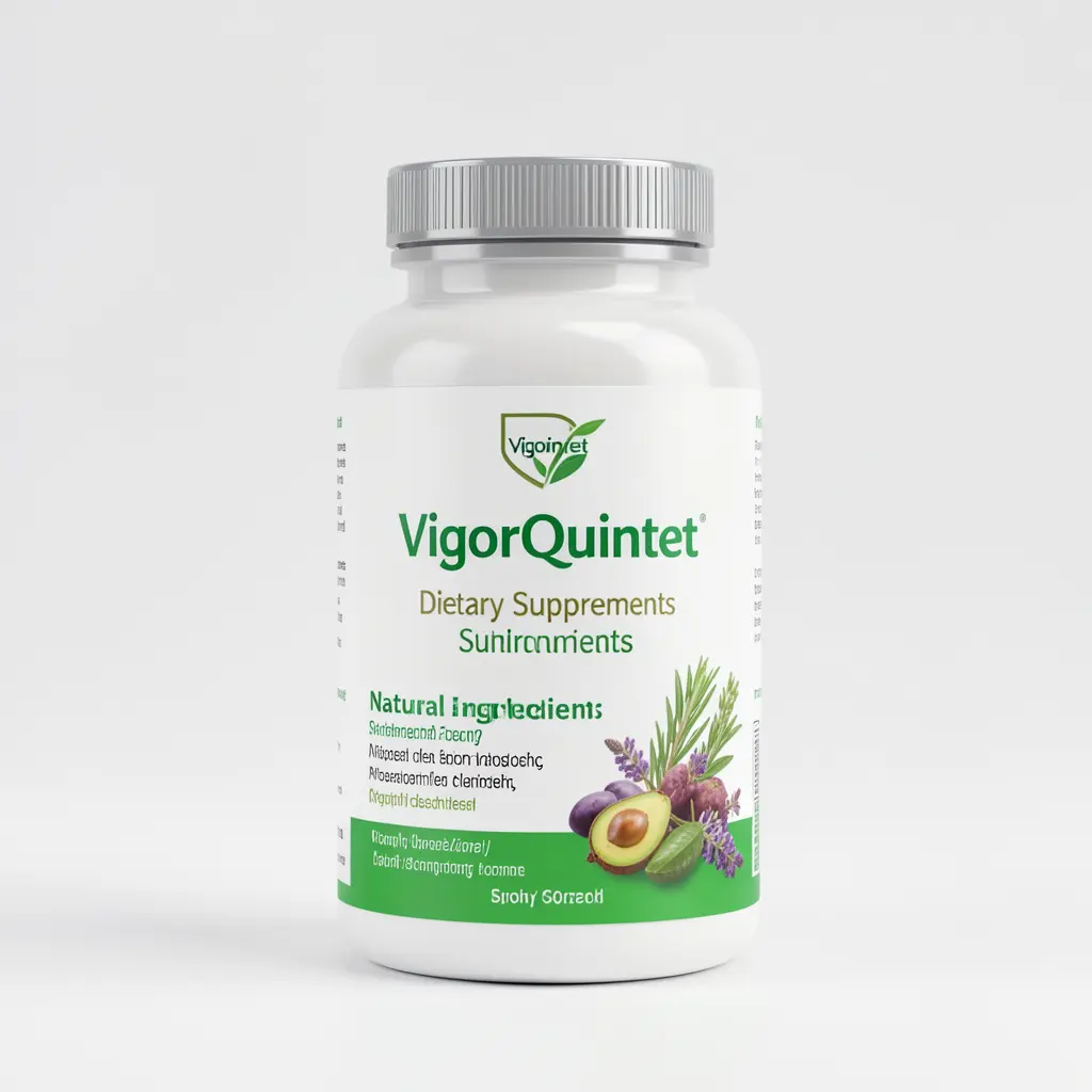 VigorQuintet dietary supplement bottle with natural ingredients label on a clean background